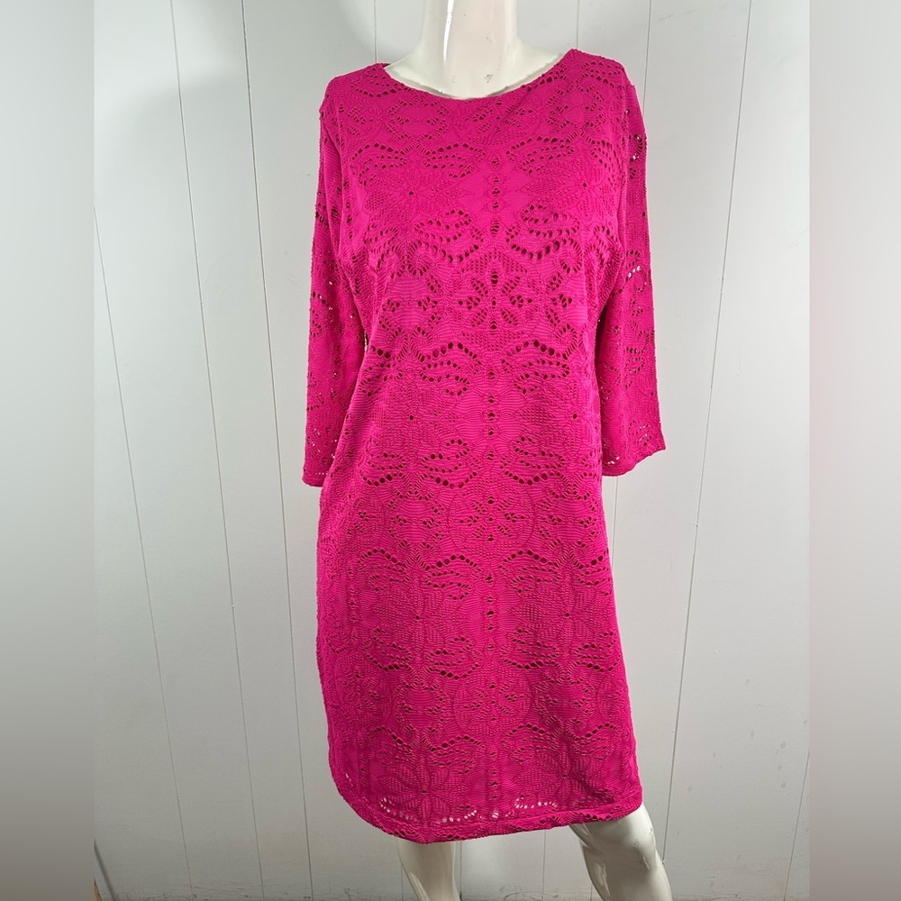NEW Chicos Pink Shift Lace Eyelet Short Length 3/4 Sleeve Dress Size 1 US M/8